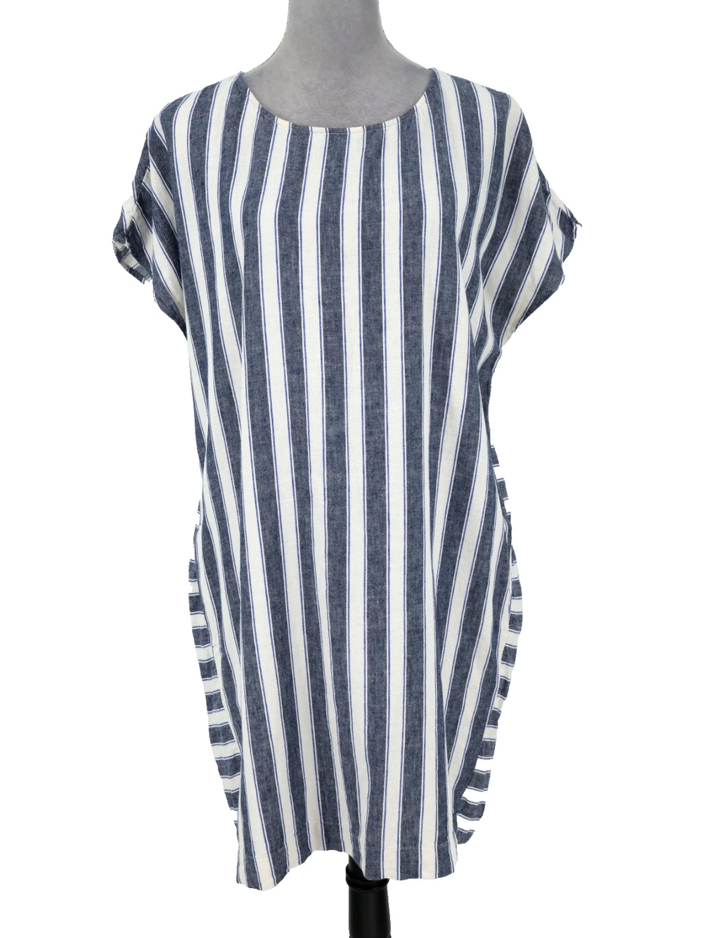 Madewell Dress Womens XL Blue White Stripe Linen Cotton Blend Back Buttons Beach